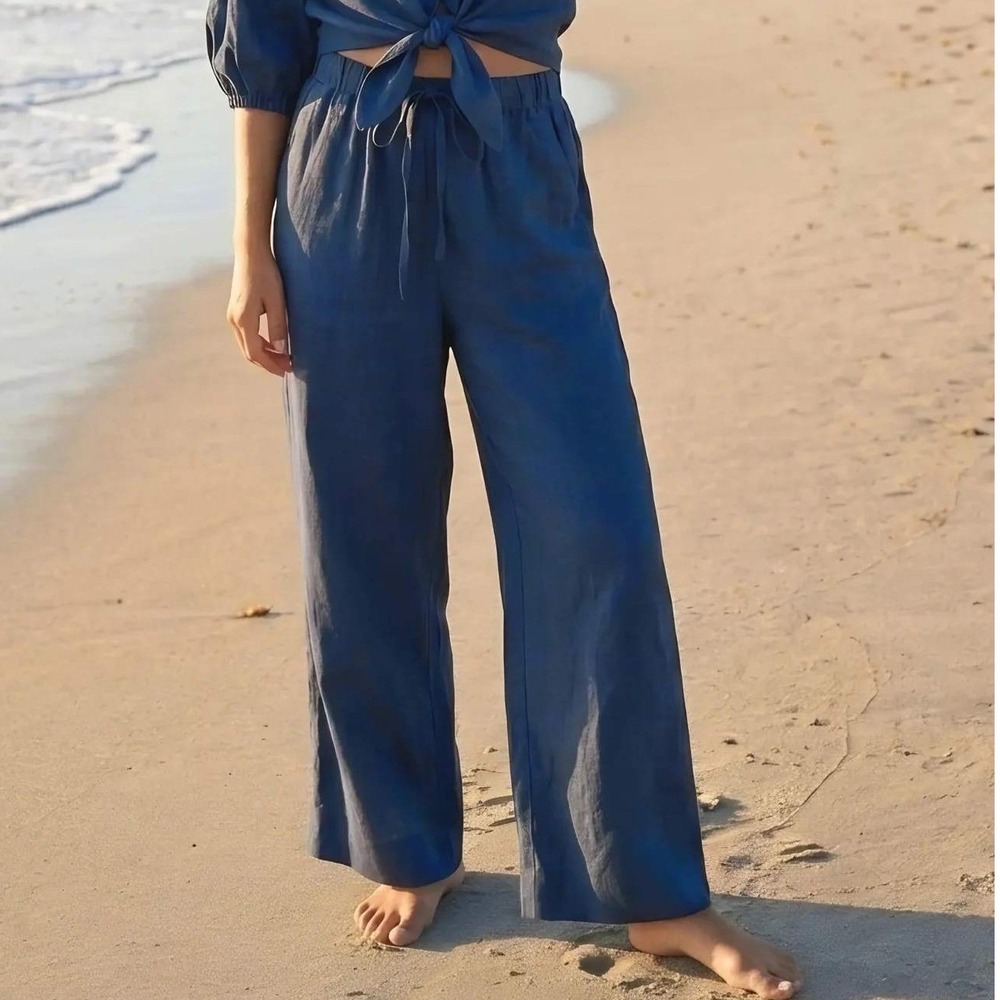Sea Lustre Navy Blue 100% Linen Wide Leg Pants Elastic Waist M/L Handmade